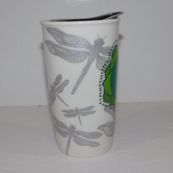 2014 Starbucks Ceramic Travel Tumbler Mug Green Lotus Silver Dragonfly Lid - Picture 5 of 7